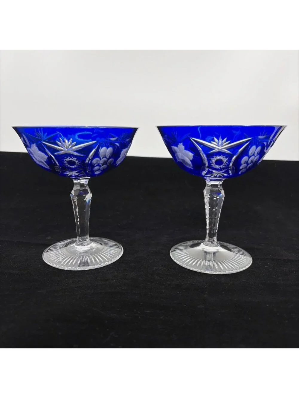 Vintage Ajka Marsala Cobalt Blue Cut to Clear Sherbet Champagne Coupe Set of 2